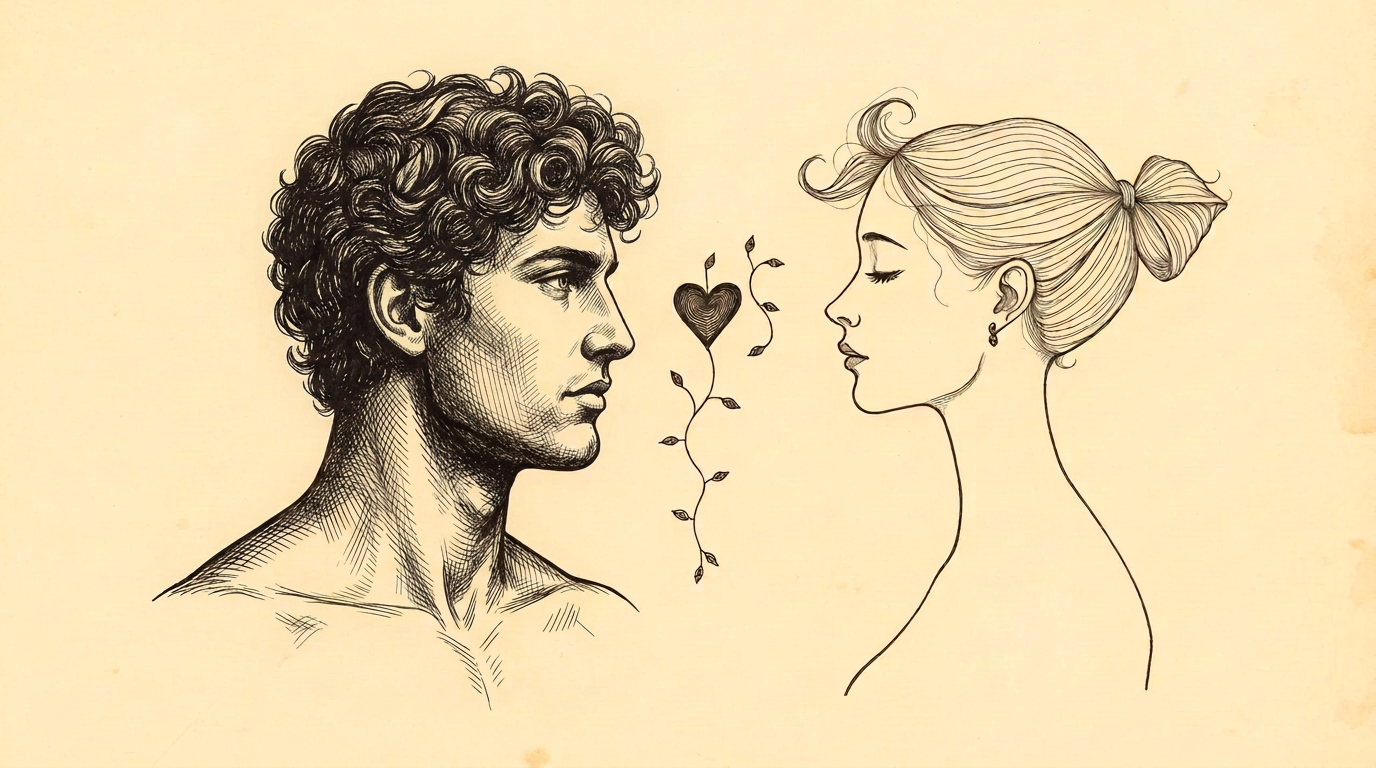 Two figures in profile connected by a delicate vine, hand-drawn in vintage ink on parchment